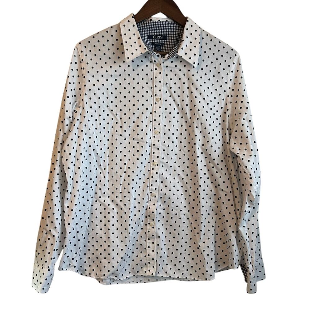 Chaps Women Top 2X Polka Dot Cotton Button Up Coastal Preppy‎ Travel Office